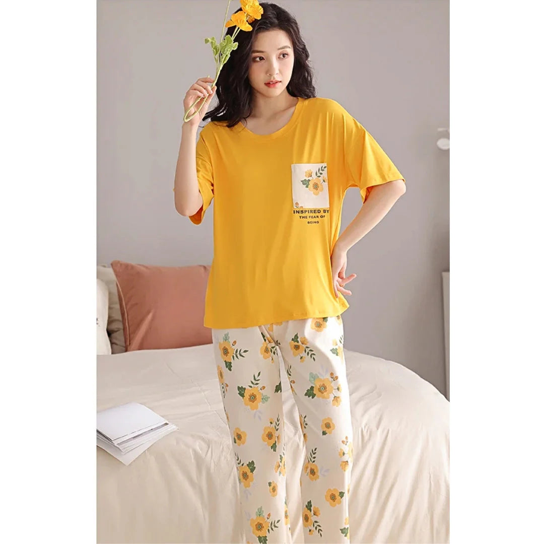 Yellow Flower Printed PJ Set