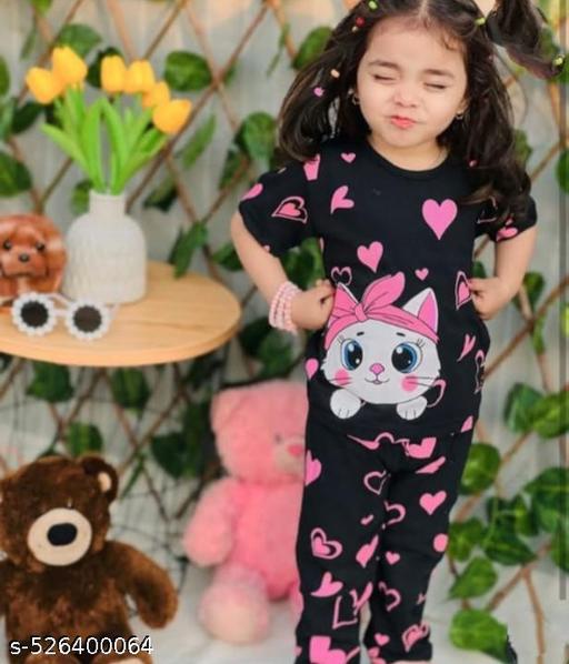 Black Kitty With Pink Hearts Print Kids Night Suit
