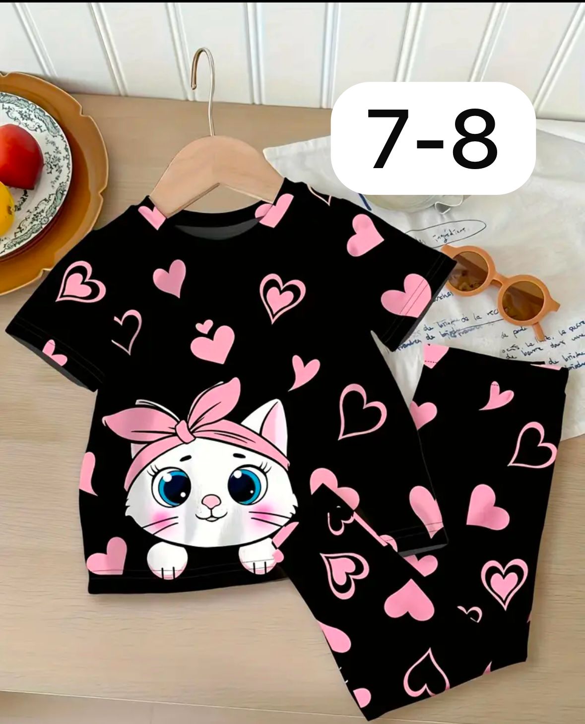 Black Kitty With Pink Hearts Print Kids Night Suit