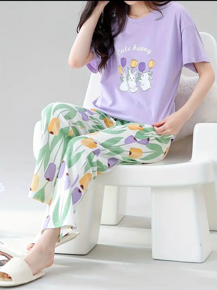 Lilac Bunny Printed Half Selves PJ Set