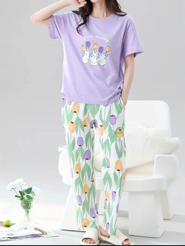 Lilac Bunny Printed Half Selves PJ Set