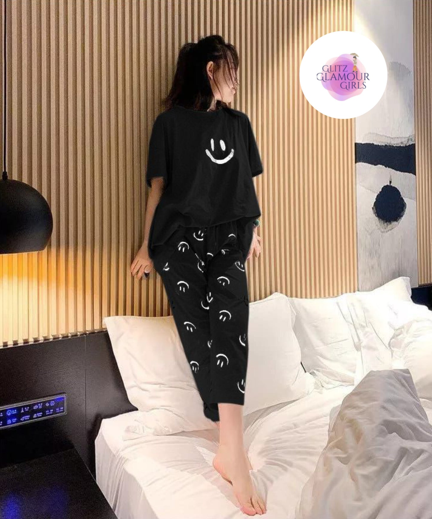 Smiley Black Half Slevees With Trousers Night Suits