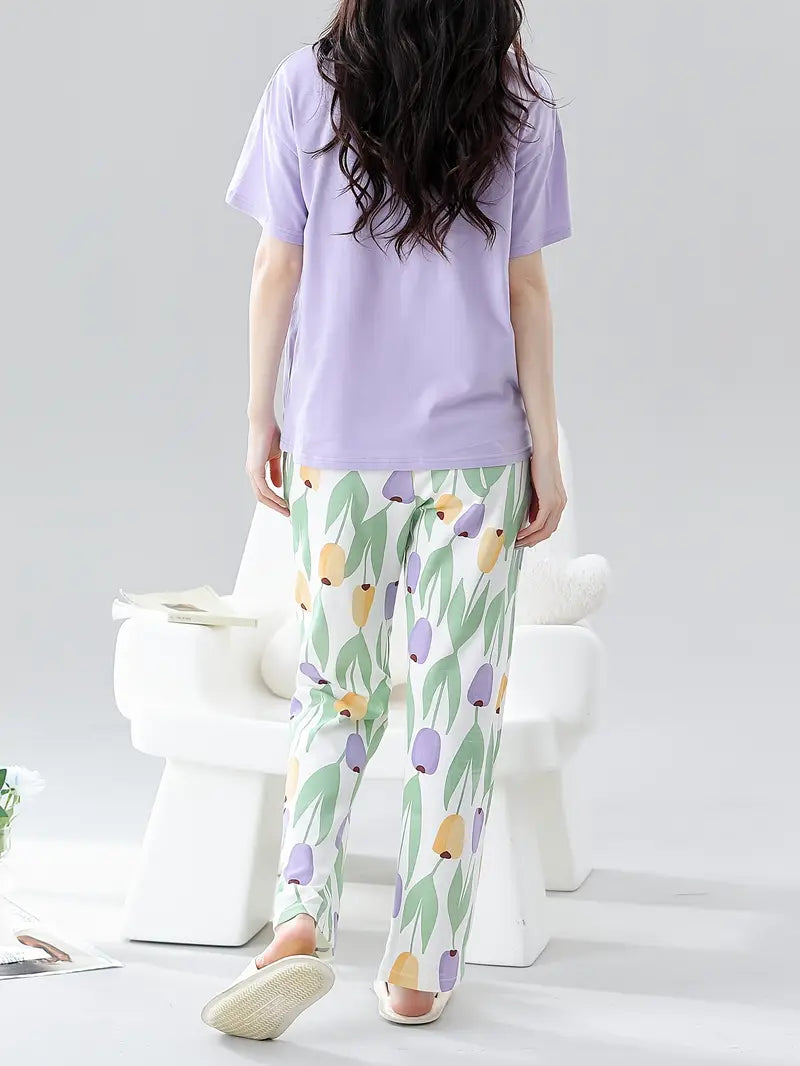Lilac Bunny Printed Half Selves PJ Set